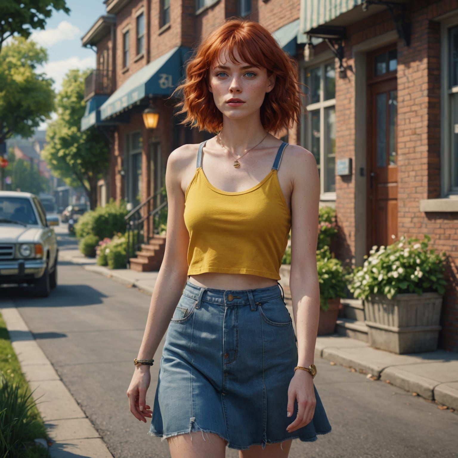 Woman with Red Hair Walking in Neighborhood