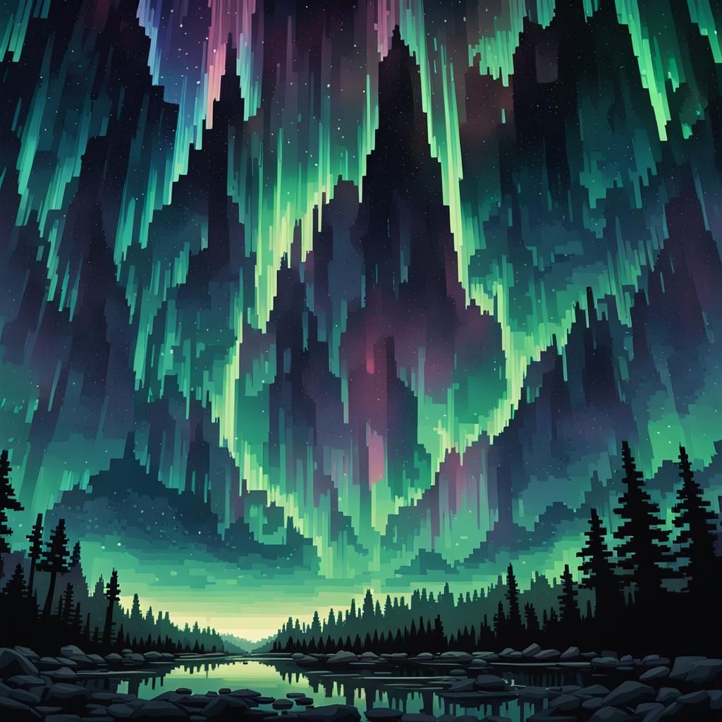 Pixel Art Auroras Over Forest Landscape
