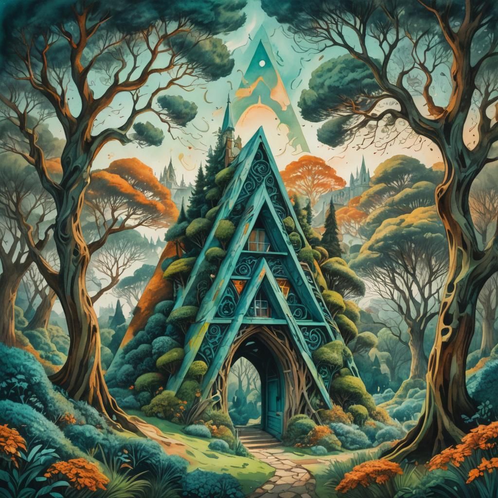 Surreal Penrose Triangle in Dreamlike Watercolor Landscape
