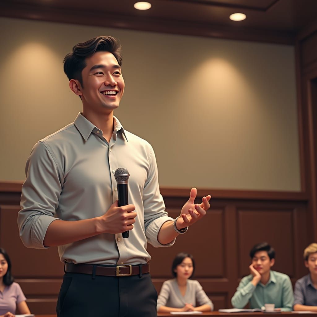Confident Speaker in Chinese Lecture Hall: Photorealistic