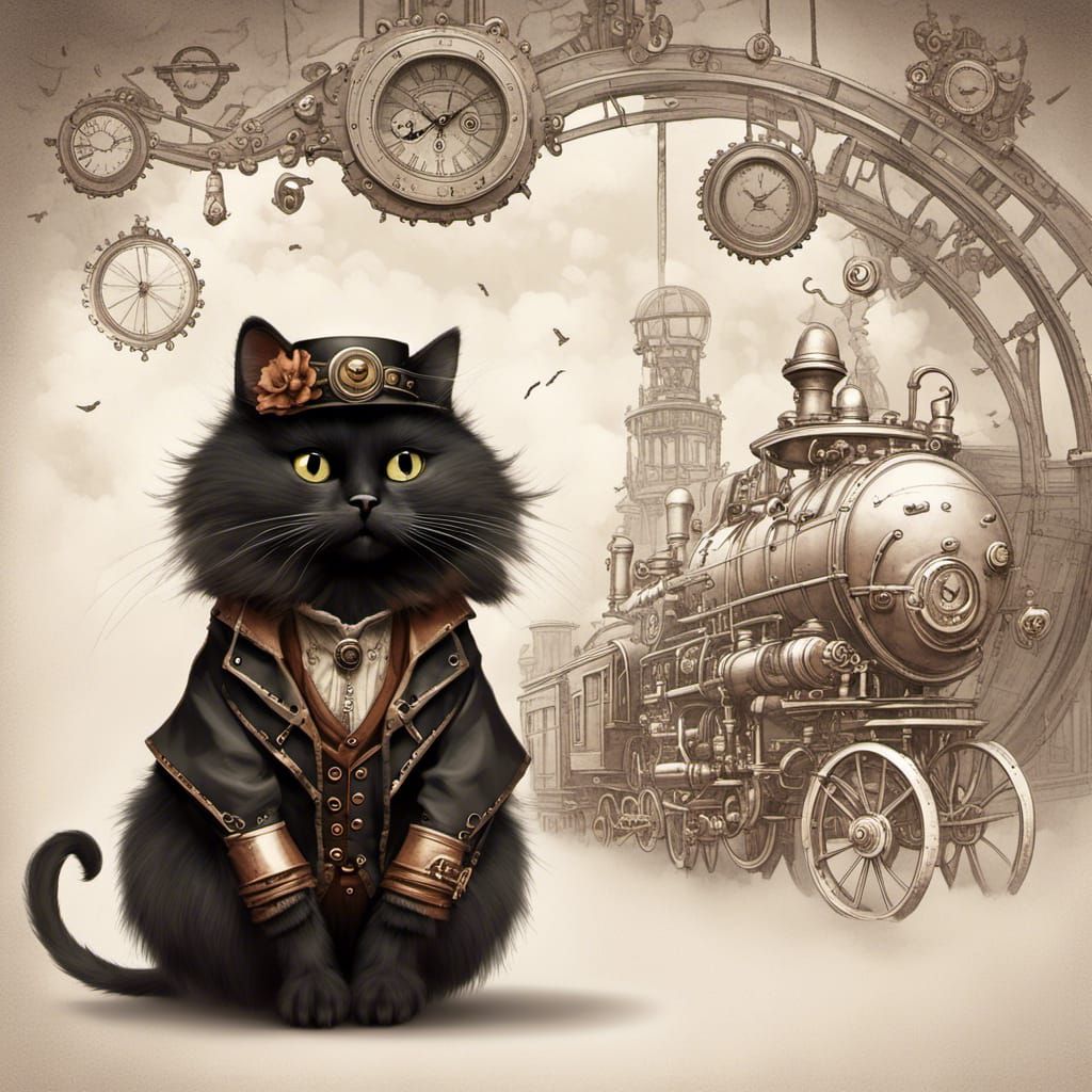 a fluffy black cat wearing a steampunk outfit
