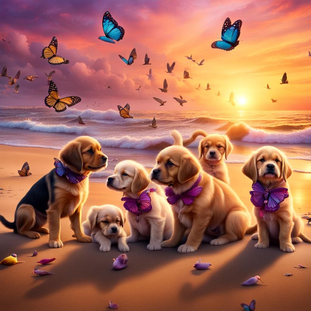 Puppy Stampede on Beach at Sunset