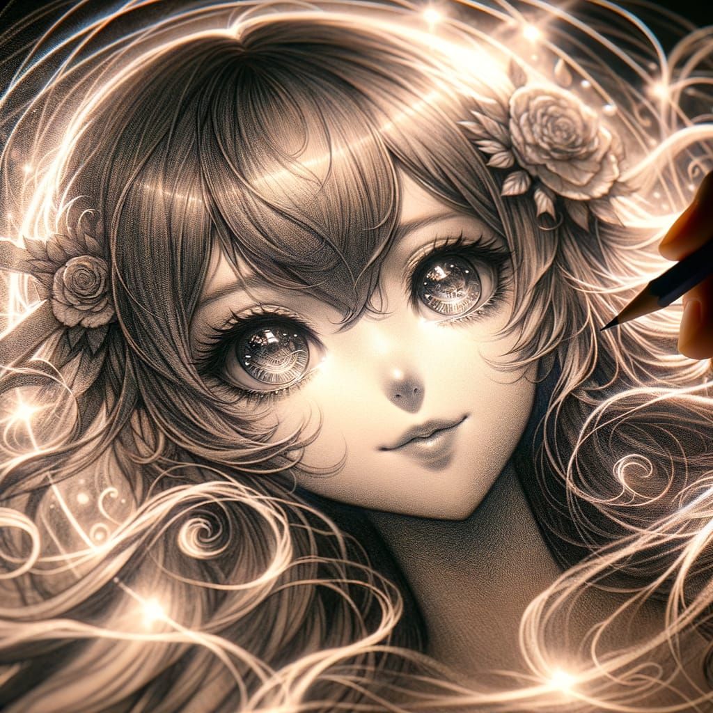 Anime Girl Portrait in Pencil with Magical Swirls