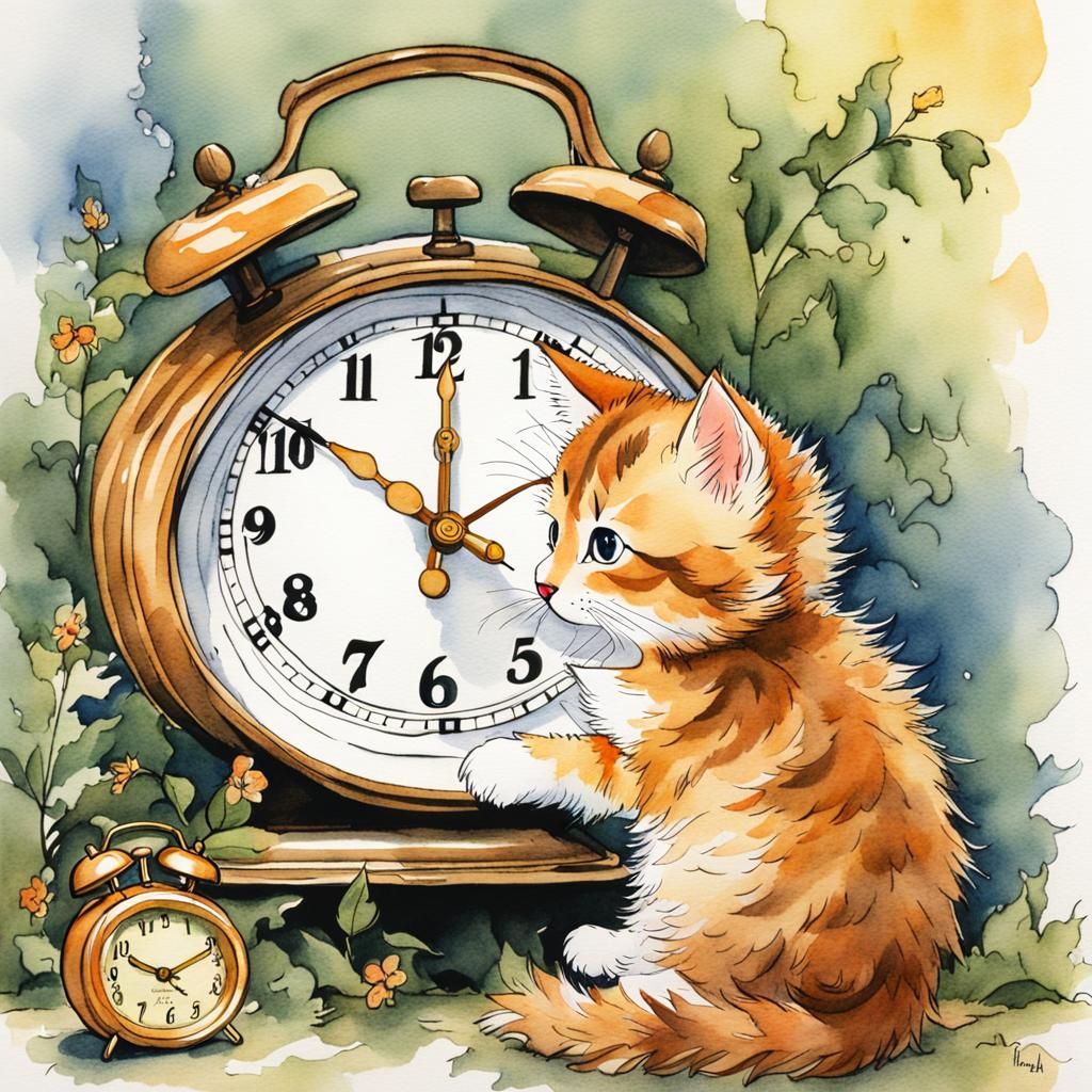 Chibi Kitten Stares at Clock in Storybook Illustration