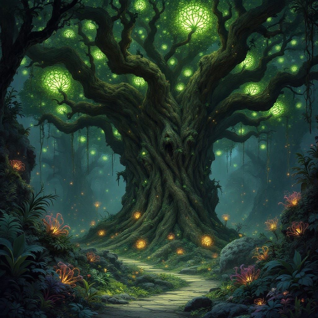 Bioluminescent Tree in Alien Jungle: Ghibli Style