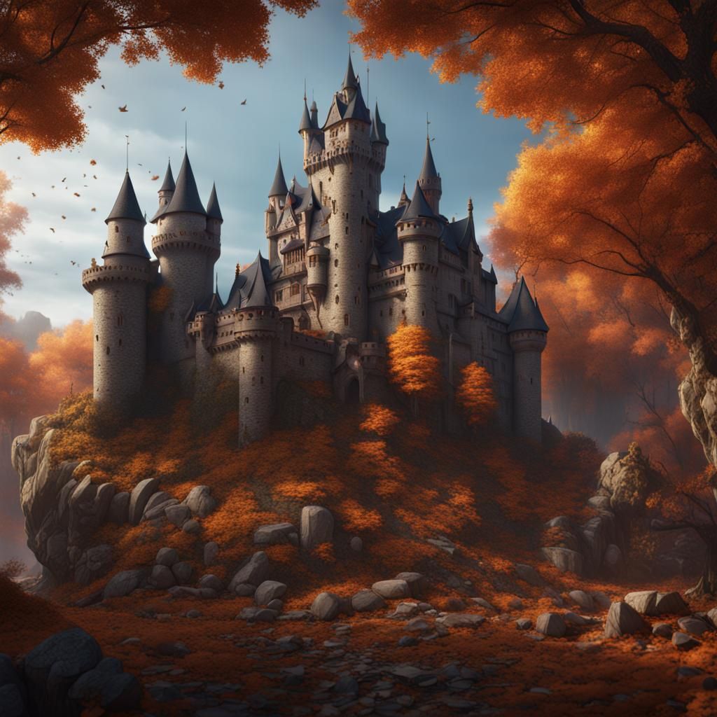 Fantastical Autumn Castle in Detailed Matte Painting