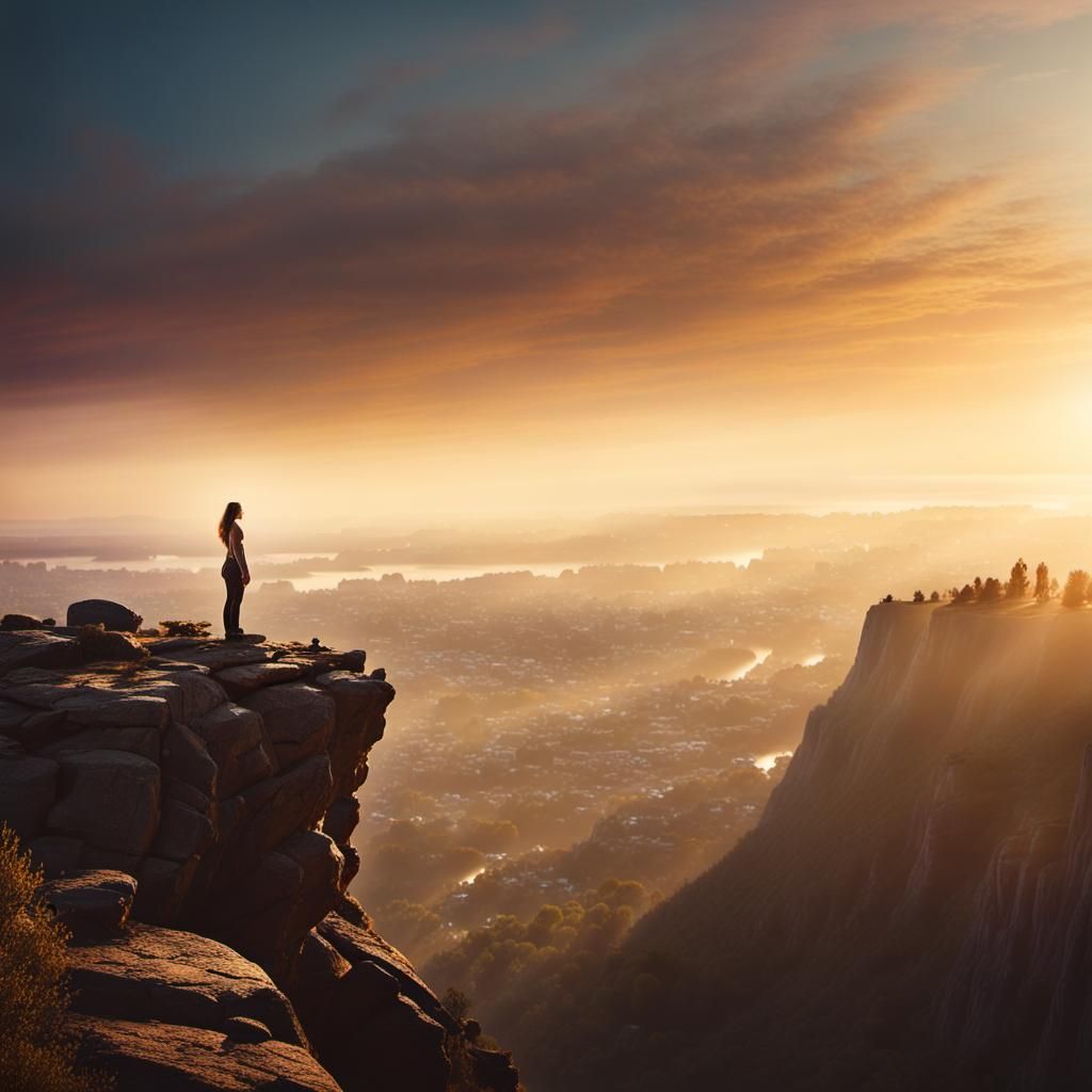 Woman on Cliff at Dawn with Cityscape