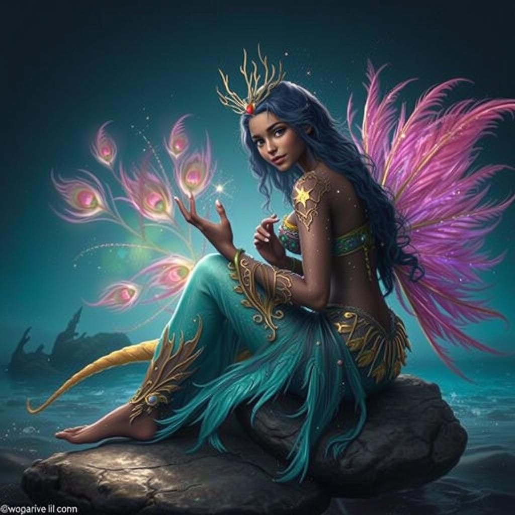 Pink Peacock Mermaid in Enchanted Underwater Realm