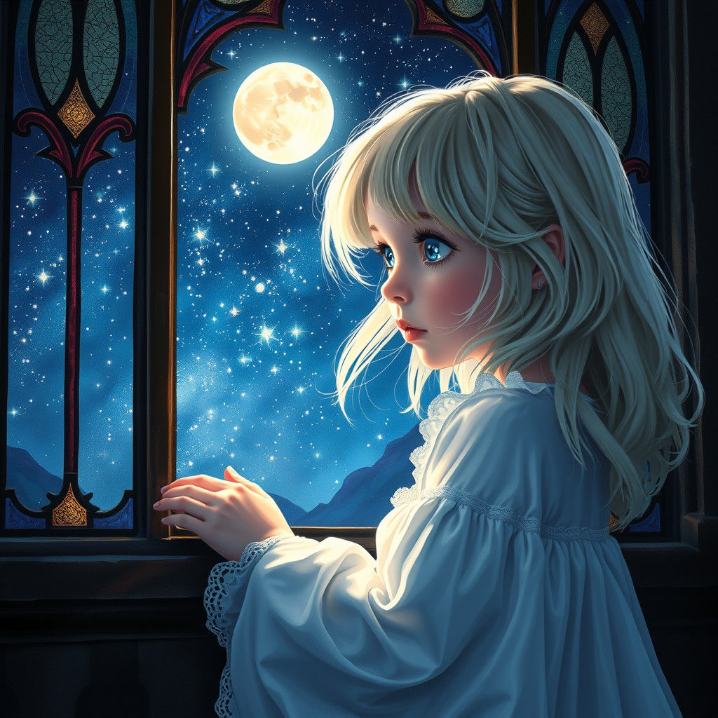 Girl Gazing at Starry Night Sky in Fantasy Style