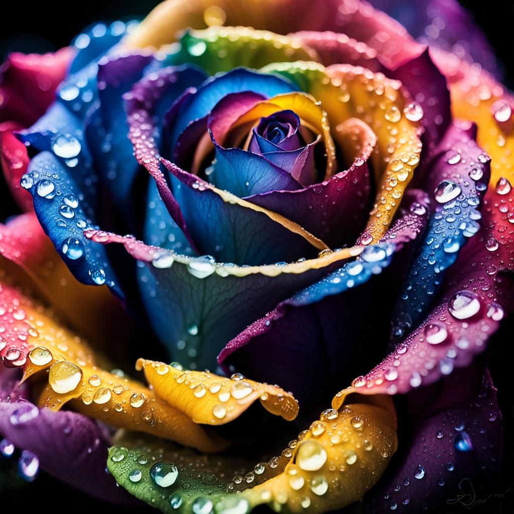 Rainbow Rose with Iridescent Droplets in Abstract Expression...