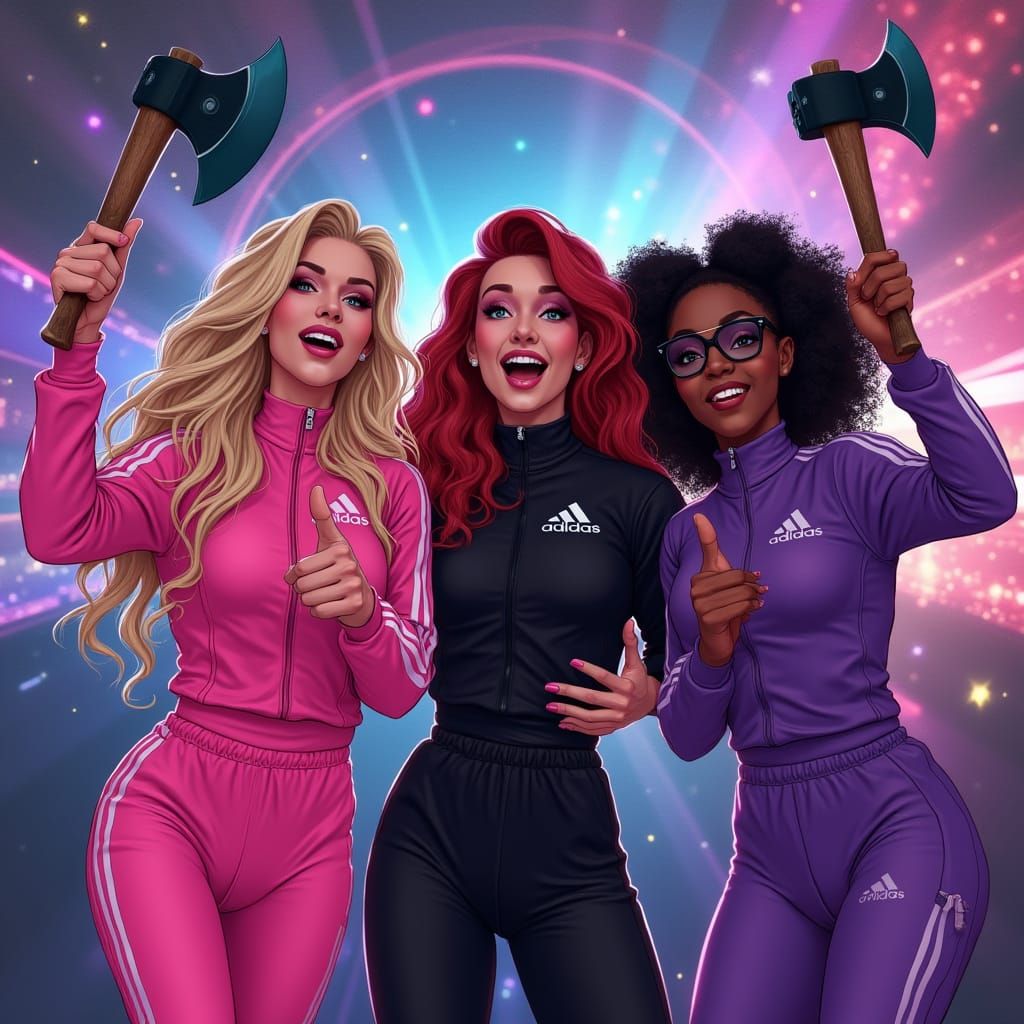 Women Throwing Axes in a Neon Cyberpunk Bar