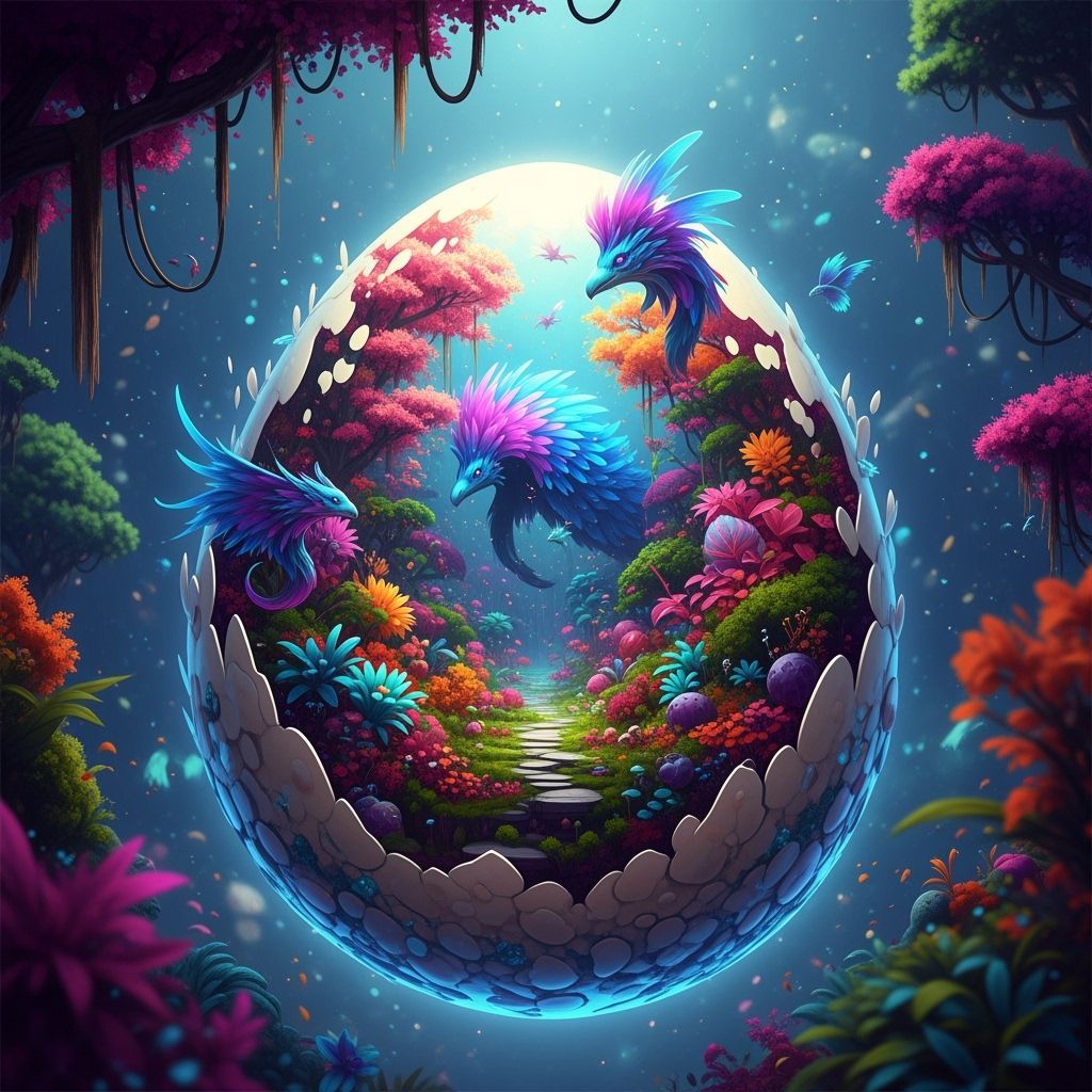 Lush Fantasy World Inside a Giant Glowing Chicken Egg