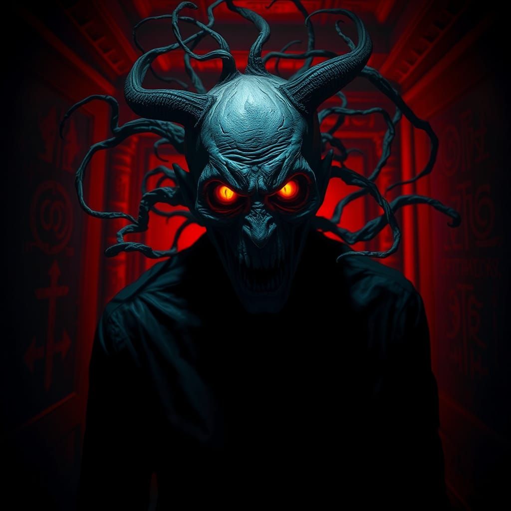 Terrifying Demonic Figure in Crimson Lit Room