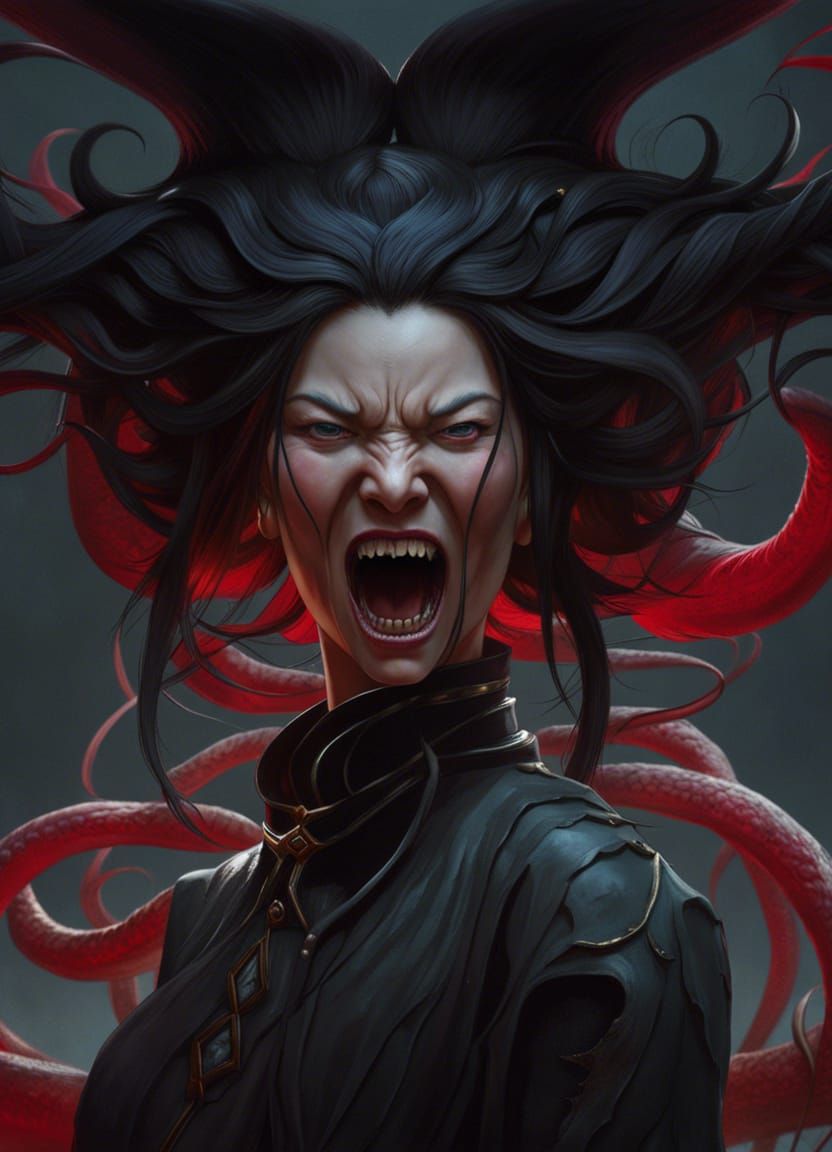 Raging Two-Mouthed Woman: Detailed Fantasy Concept Art