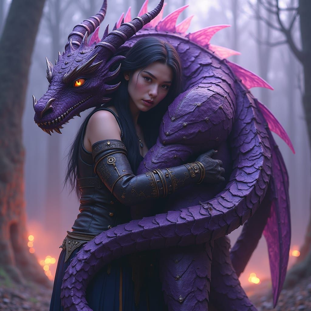 Woman Warrior and Dragon in Art Nouveau Style