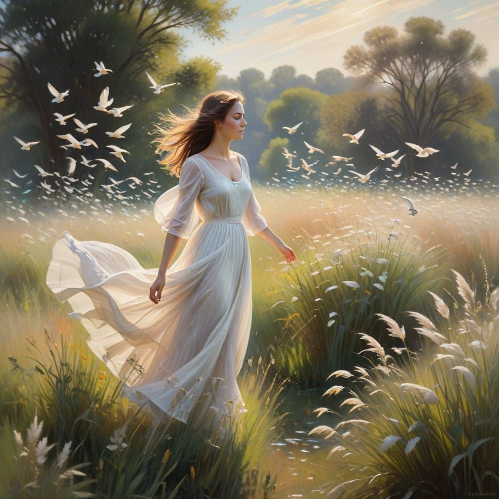 Impressionist Woman in a Serene Pastel Meadow