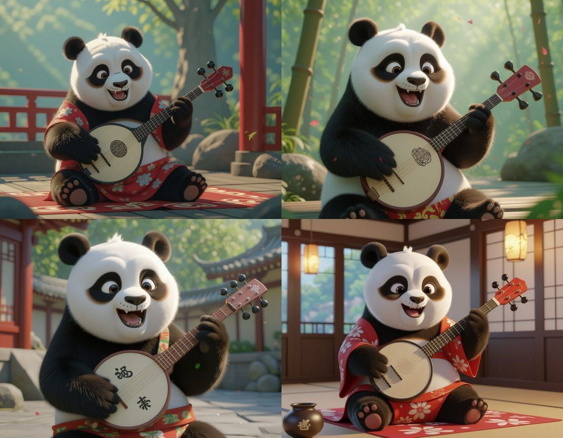 Cute Panda Playing Shamisen in Anime Style