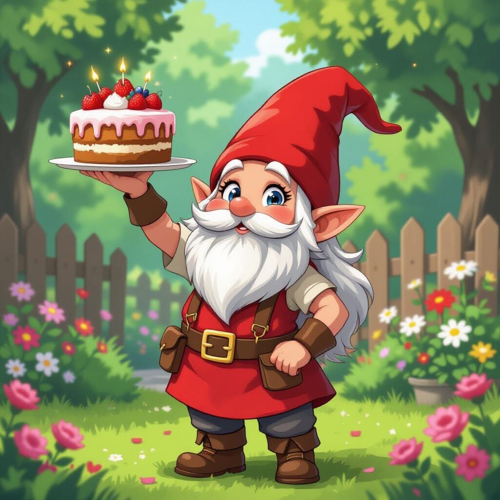Proud Gnome with Cake in Anime Style
