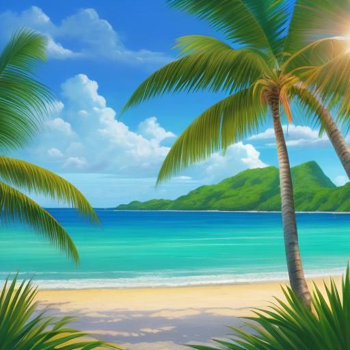 Tropical Palm Tree on Sandy Beach: Digital Painting