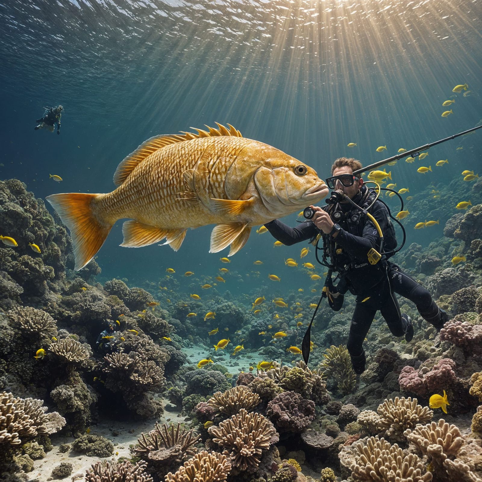 Scuba Fisherman Hunting Golden Grouper in Red Sea