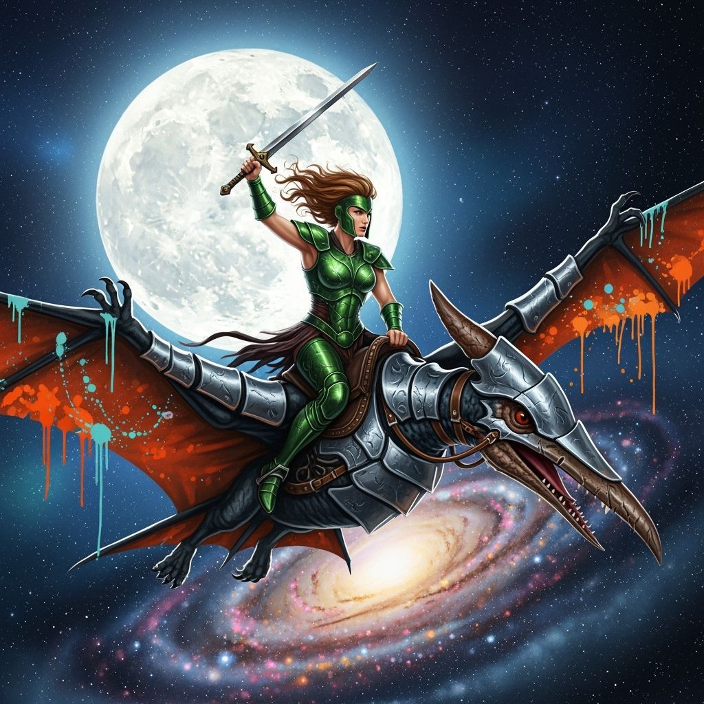 Amazon Warrior on Armored Pterosaur in Graffiti Art Style