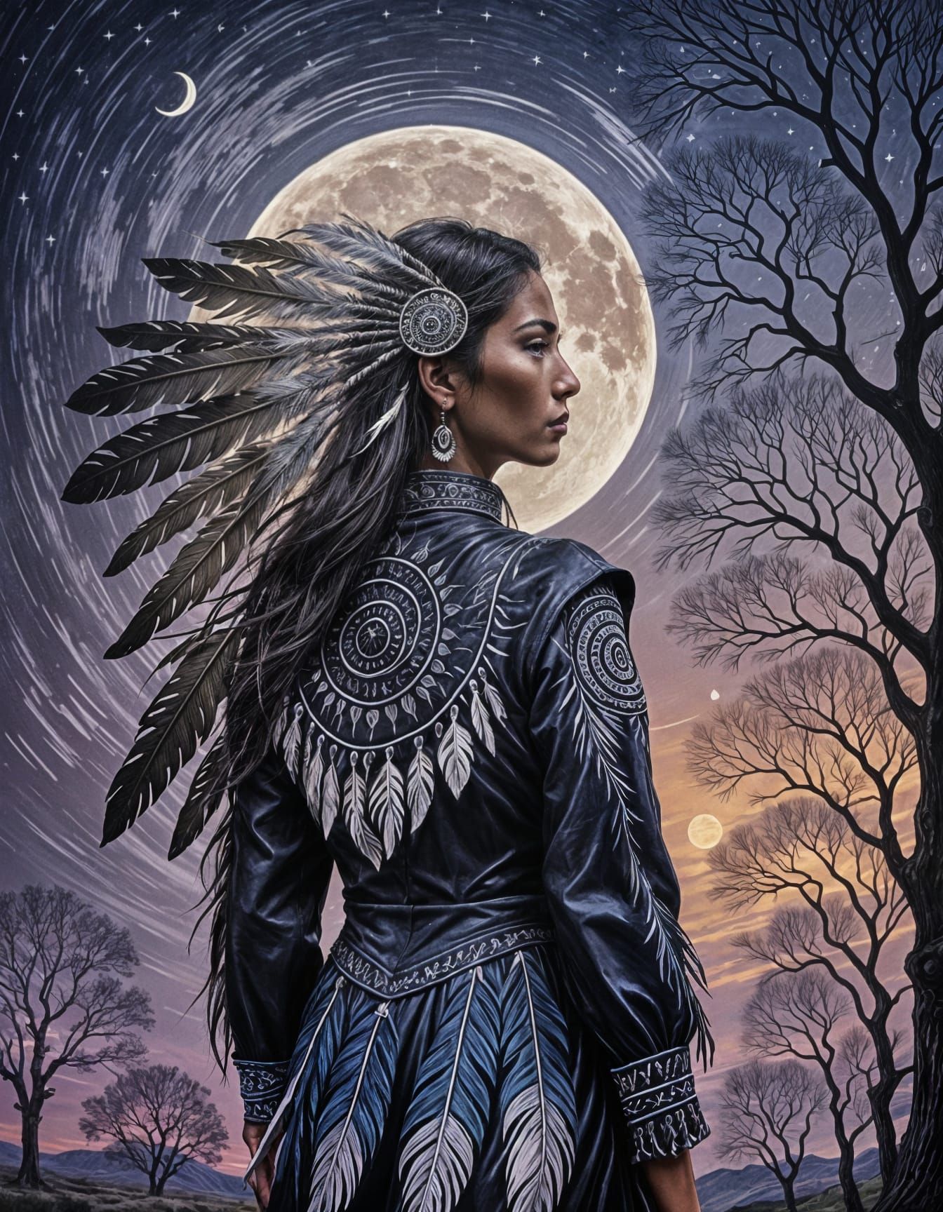 Indigenous Woman and Rising Moon at Dusk