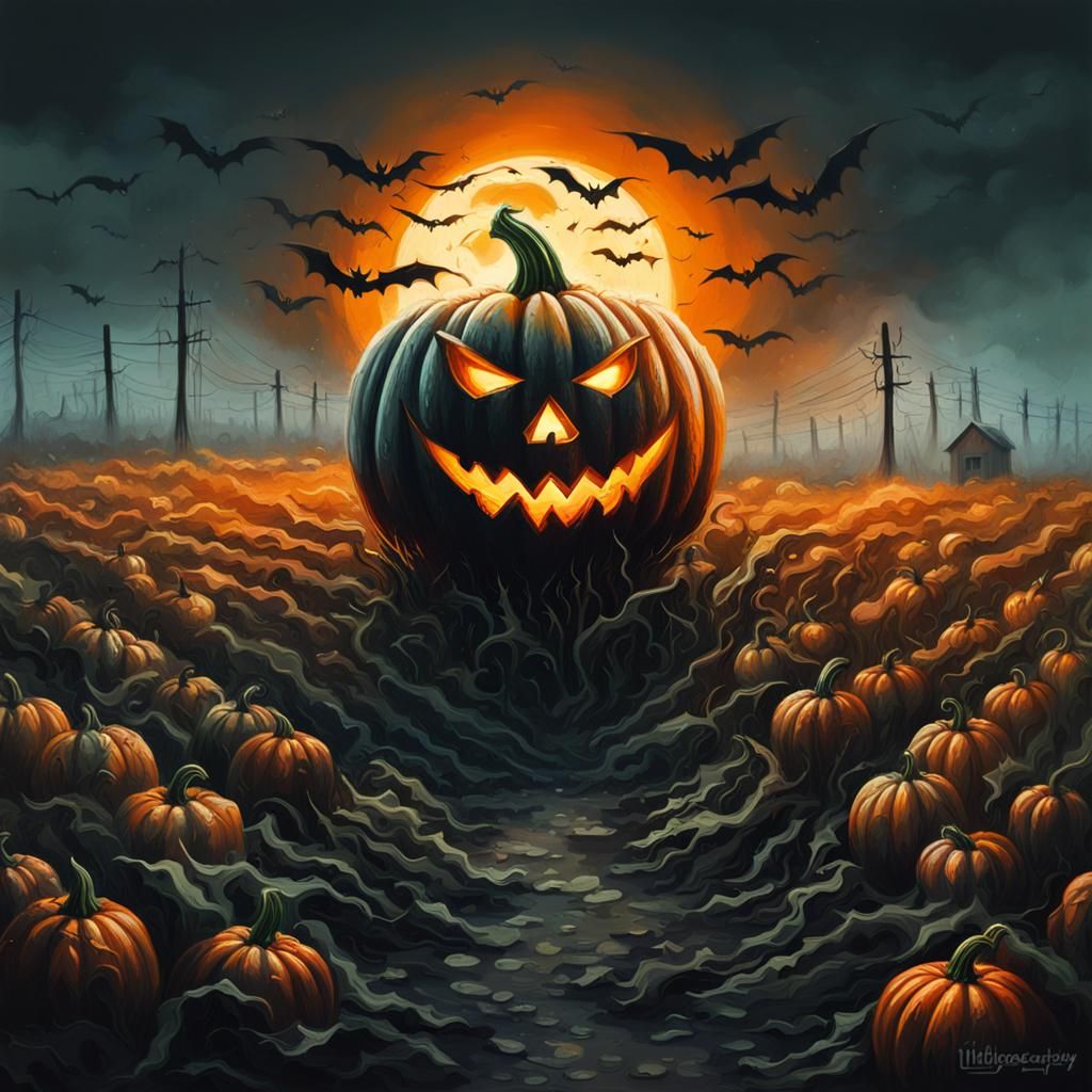 Spooky Pumpkin Head in Field: Graffiti Art Style