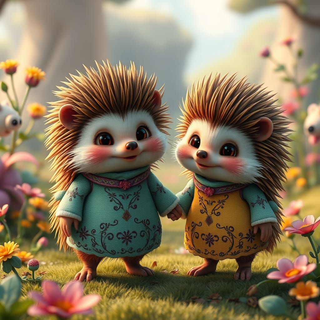 Dreamy Cartoon Hedgehogs in Whimsical Landscape