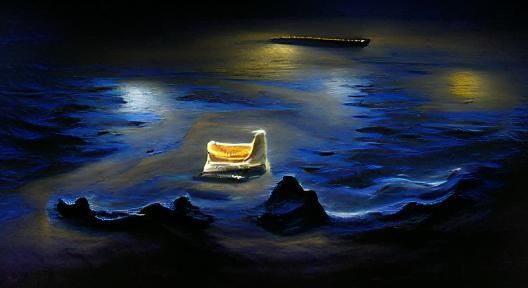 Rowboat Alone on the Ocean at Night