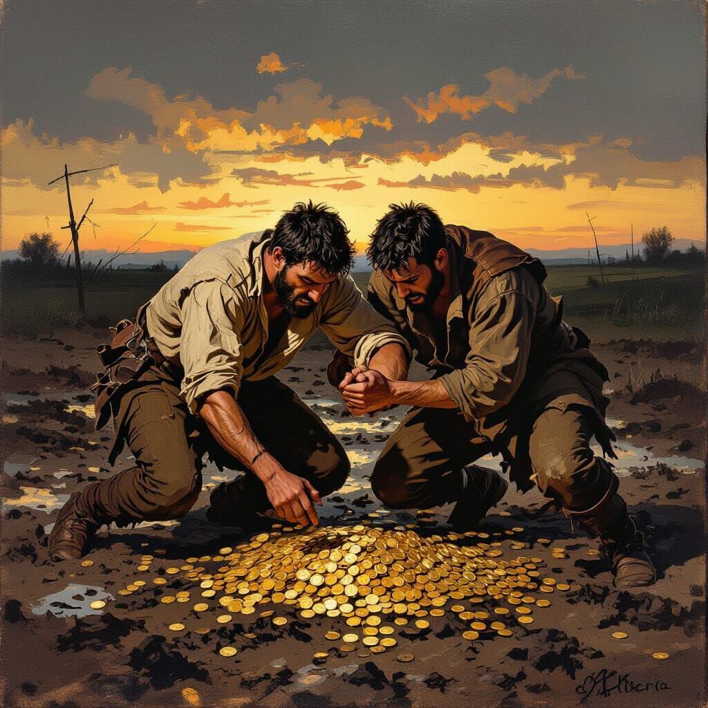 Men Fight Over Gold Coins on Battlefield