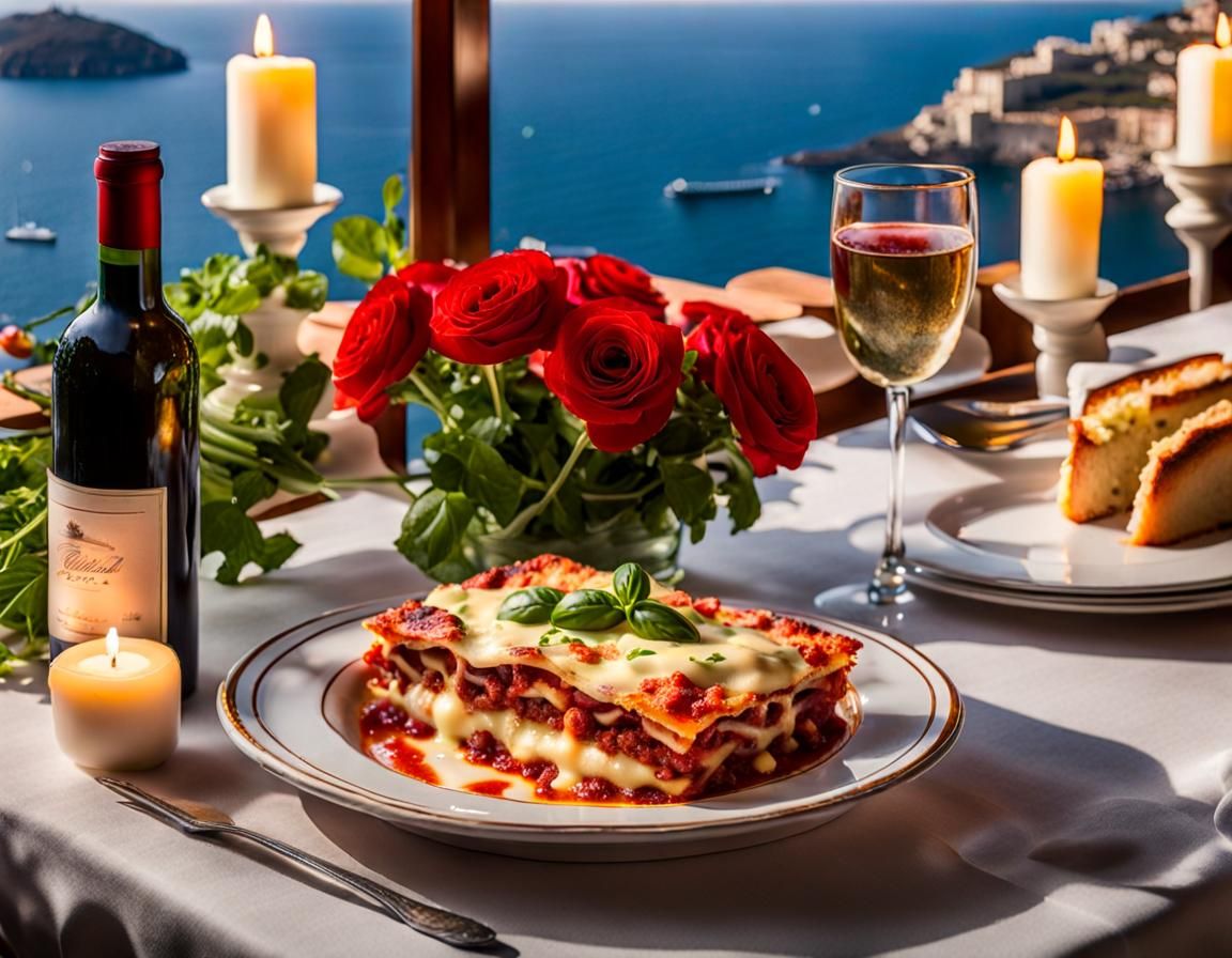 Lasagna, creamy bechamel sauce and shaved Parmesan, wine, and the Mediterranean, couldn't get better!