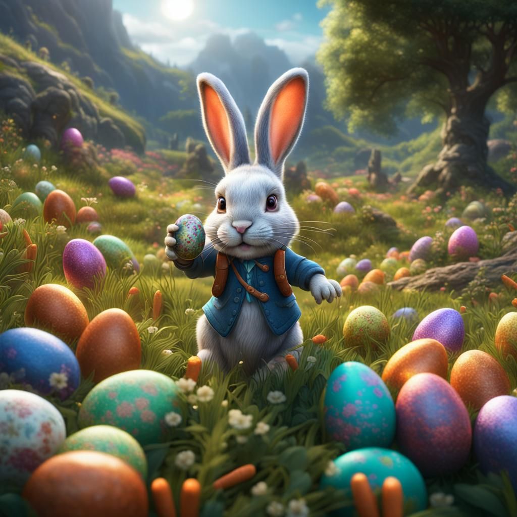 Bunny in Meadow with Easter Eggs, Detailed Matte Painting