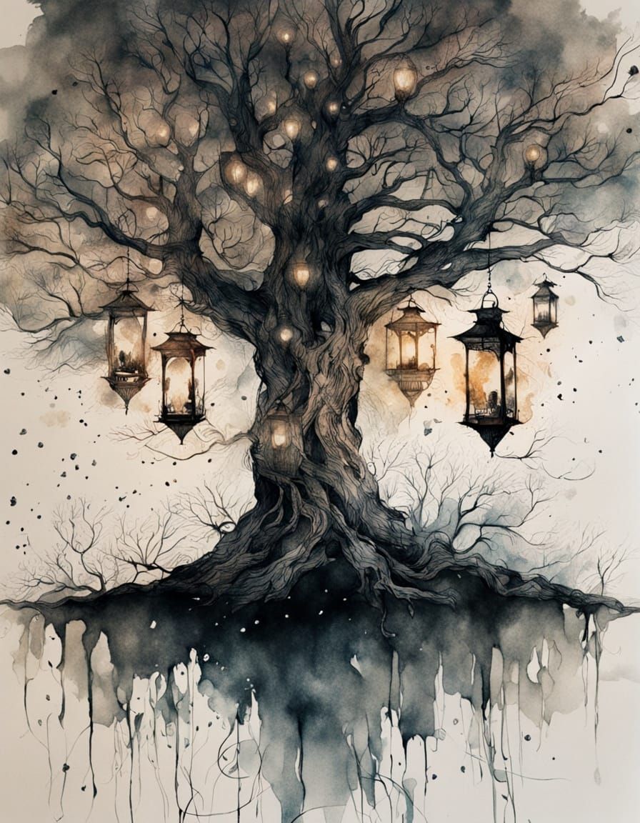 Surreal Tree Radiates Ethereal Light in Intricate Ink Drawin...