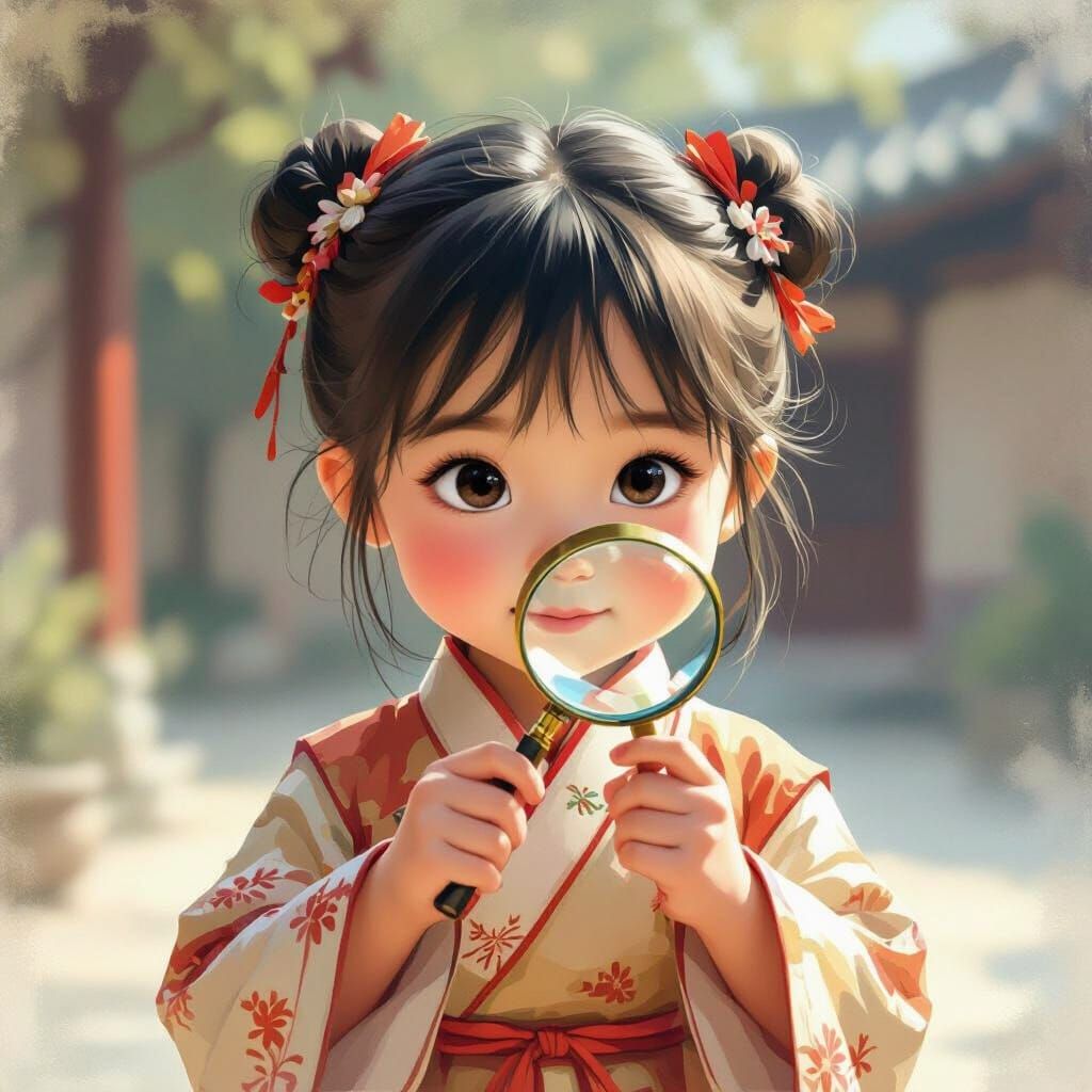 Chinese Girl in Shulokh Outfit with Magnifying Glass