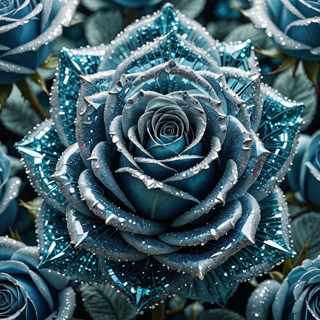 Intricate Cyan Crystal Rose with Glittering Surround