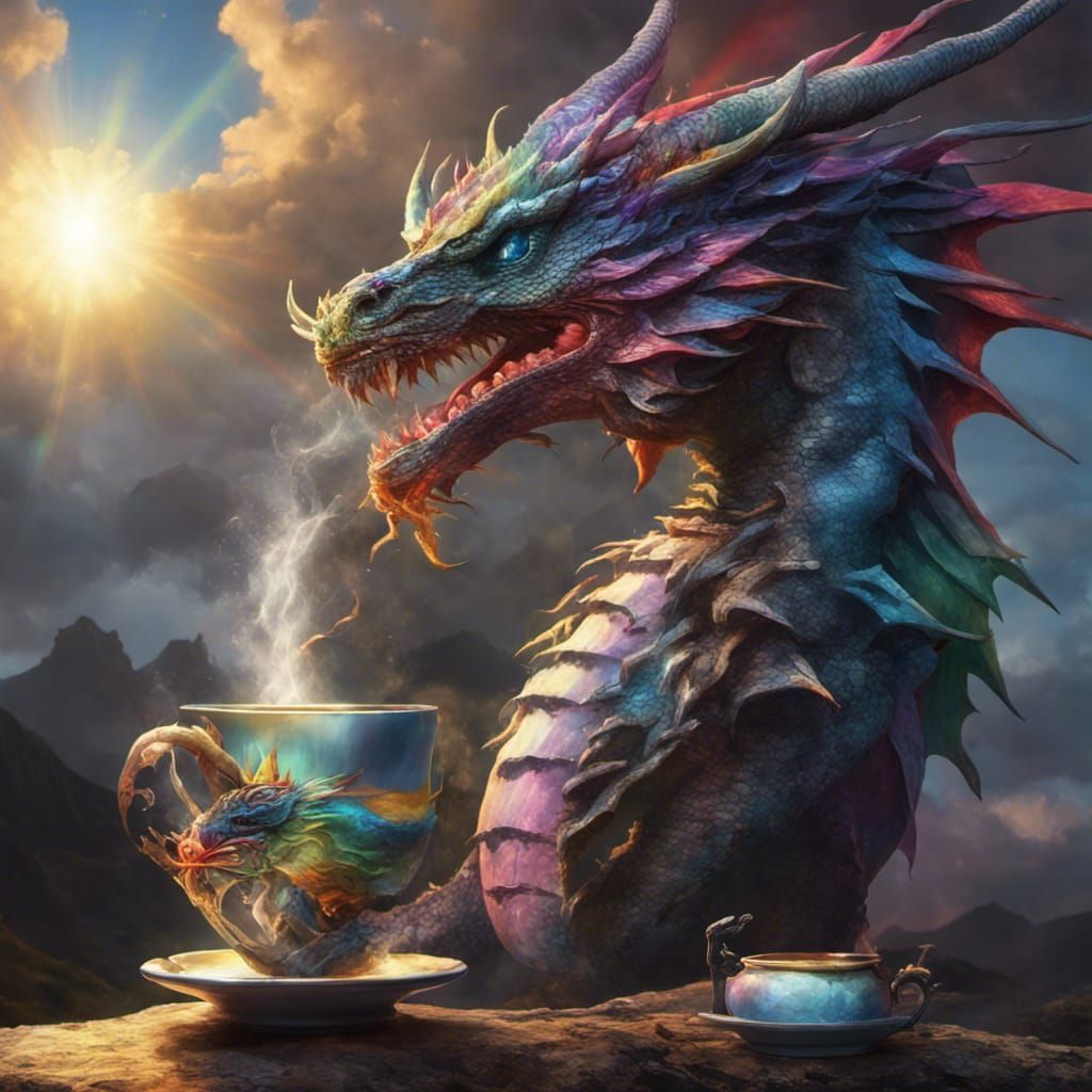 Rainbow Dragon with Teacup: Dark Fantasy Art