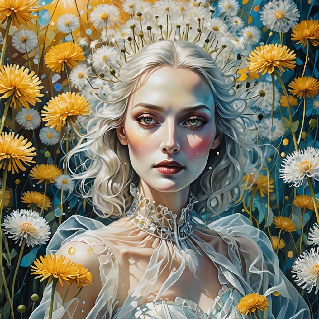 Ethereal Woman in Dandelion Dreamscape as Surreal Portrait