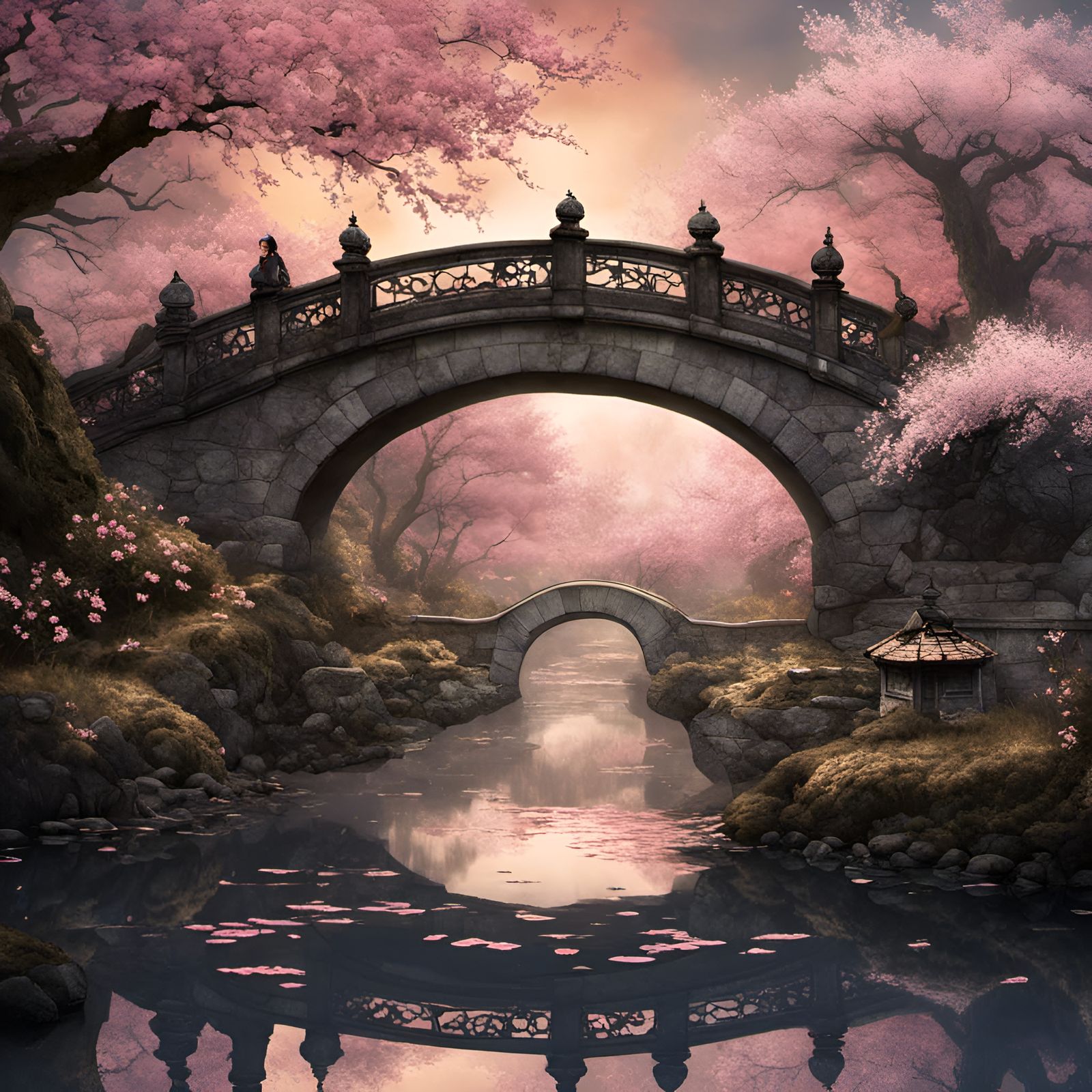Stone Bridge in Cherry Blossom Garden Photography
