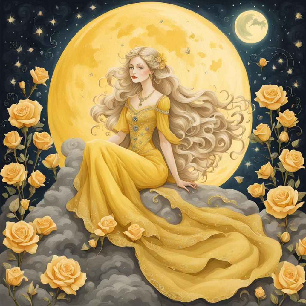 Lady in the Moon with Yellow Dress and Roses