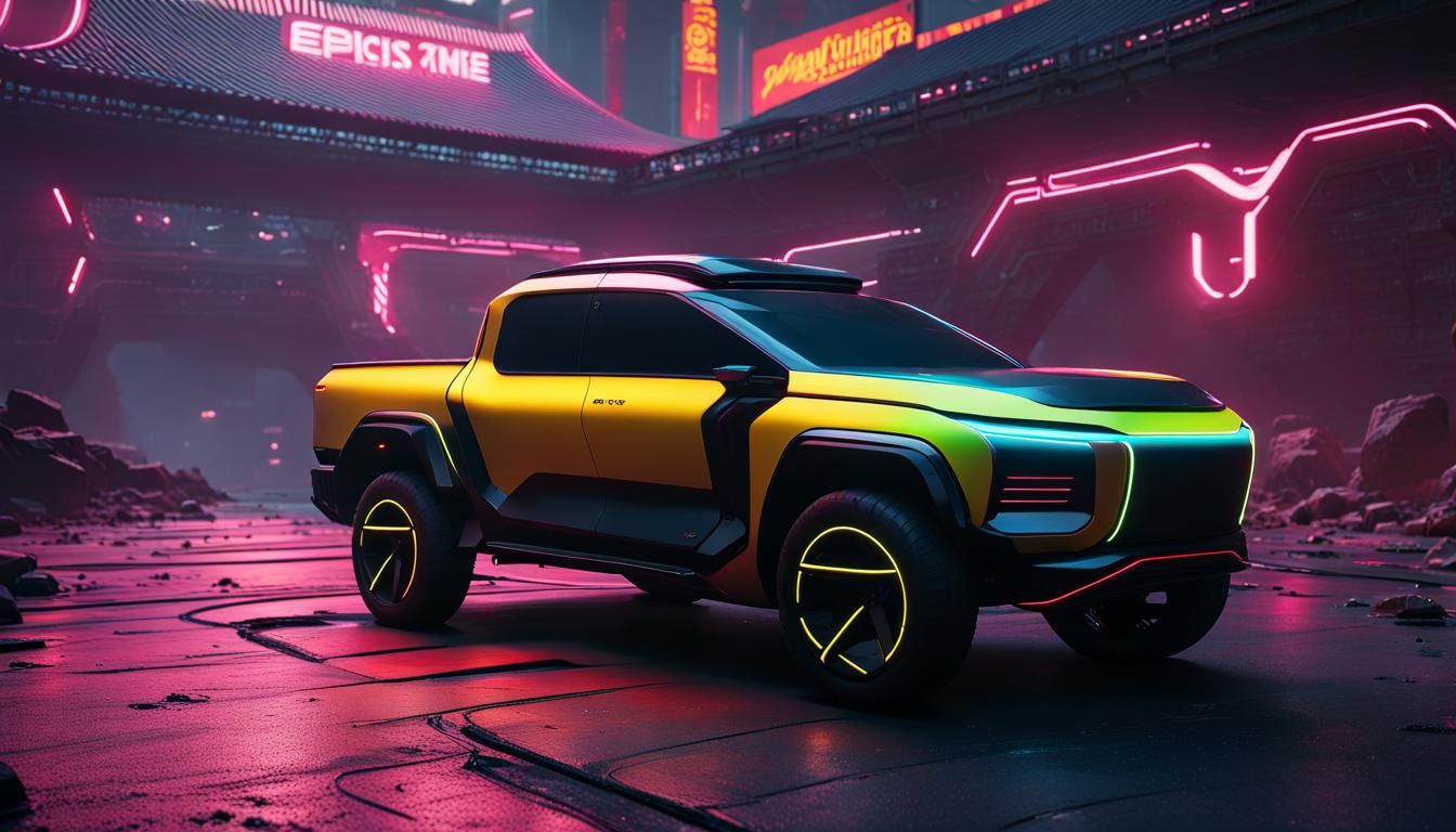 Futuristic Neon Black Electric Pickup in Cyberpunk Style