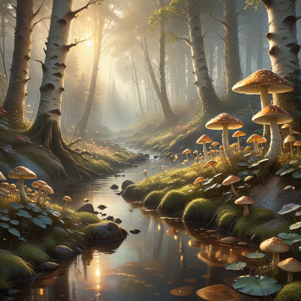 Misty Birch Forest Stream in Golden Light