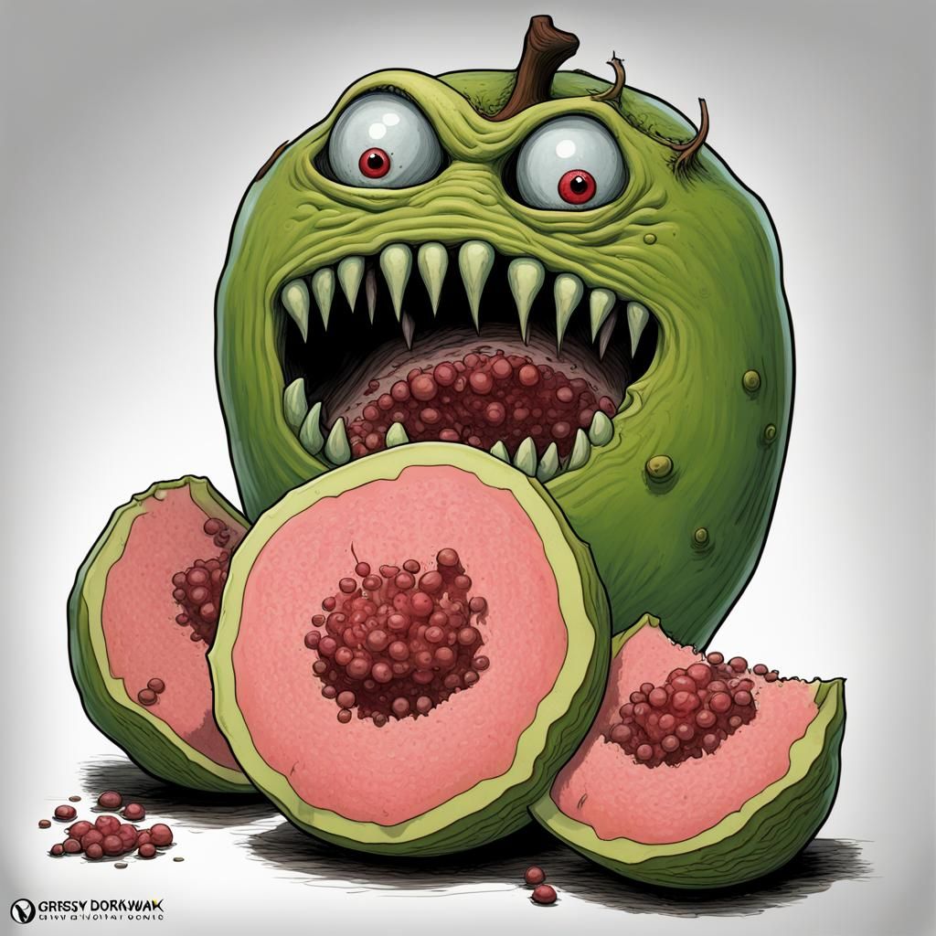 Sinister Cartoon Guava Monster in Horror Style