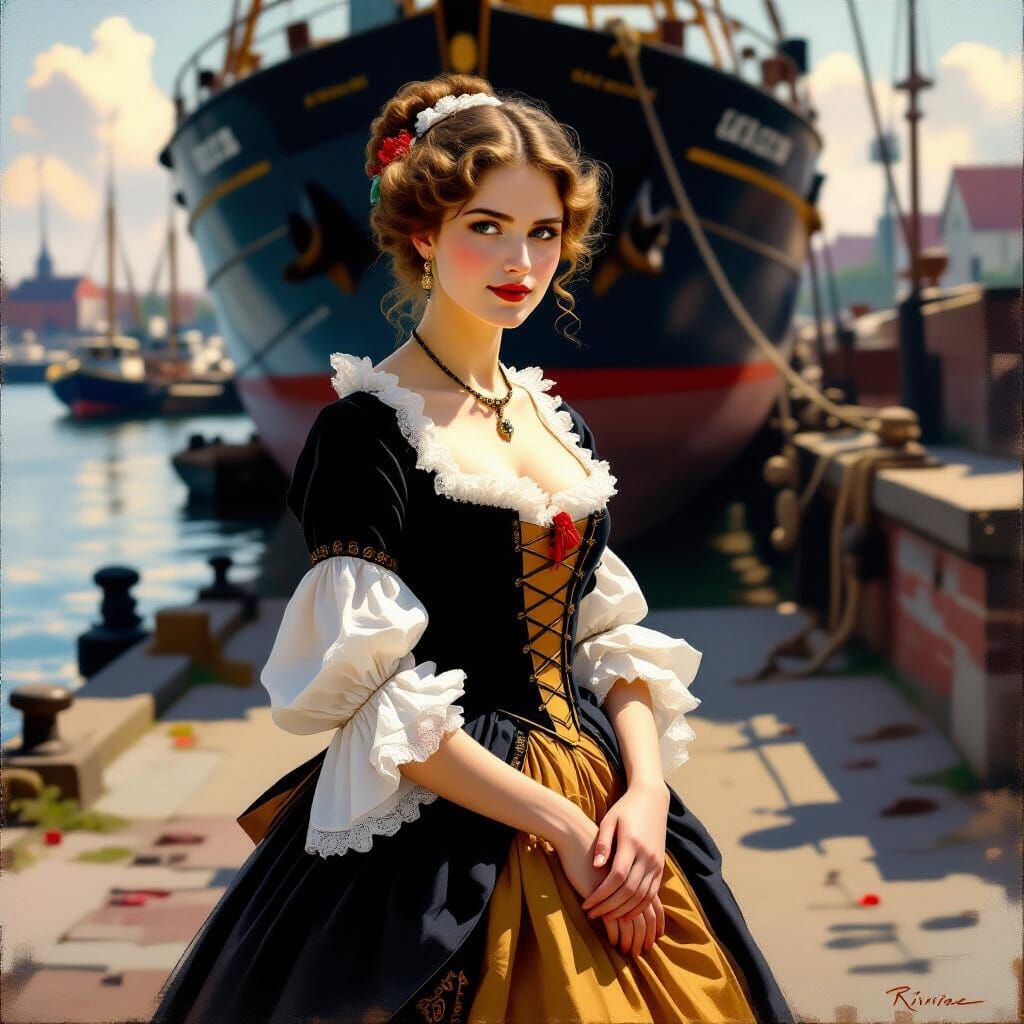 Dutch Lady at Dockyard: Oil Painting with Rembrandt Lighting
