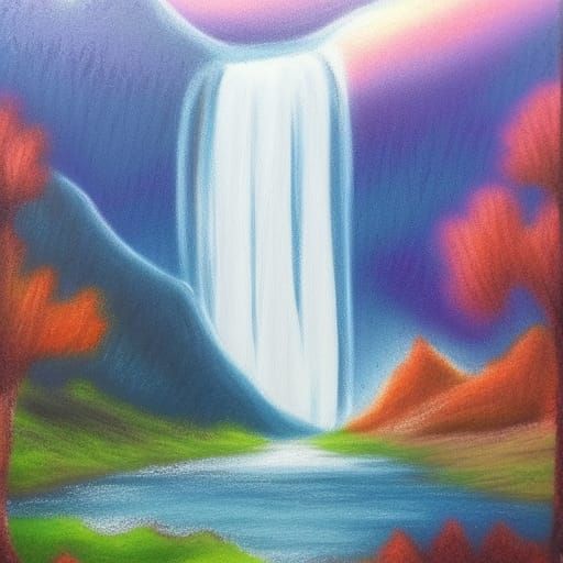 Pastel Waterfall Scene with Mountain Backdrop