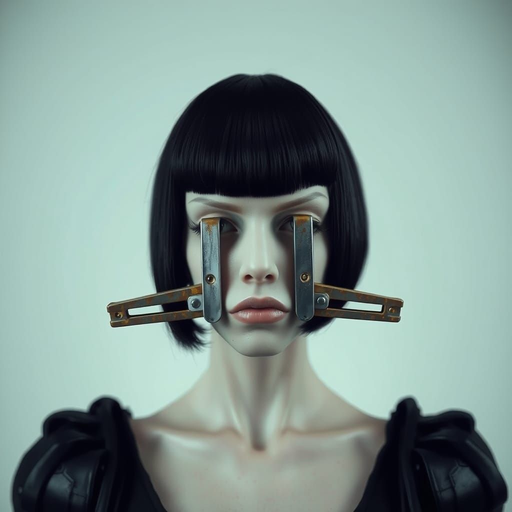 Surreal Female Figure with Blinded Eyes in Dark Industrial A...