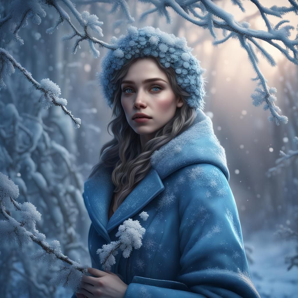 Winter Girl in Blue Coat with Frozen Flowers, 8K