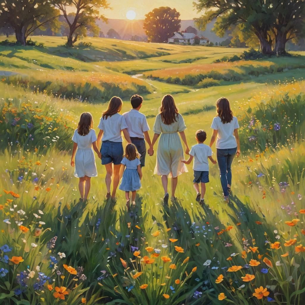 Family in Meadow: Vibrant Oil Painting at Sunset