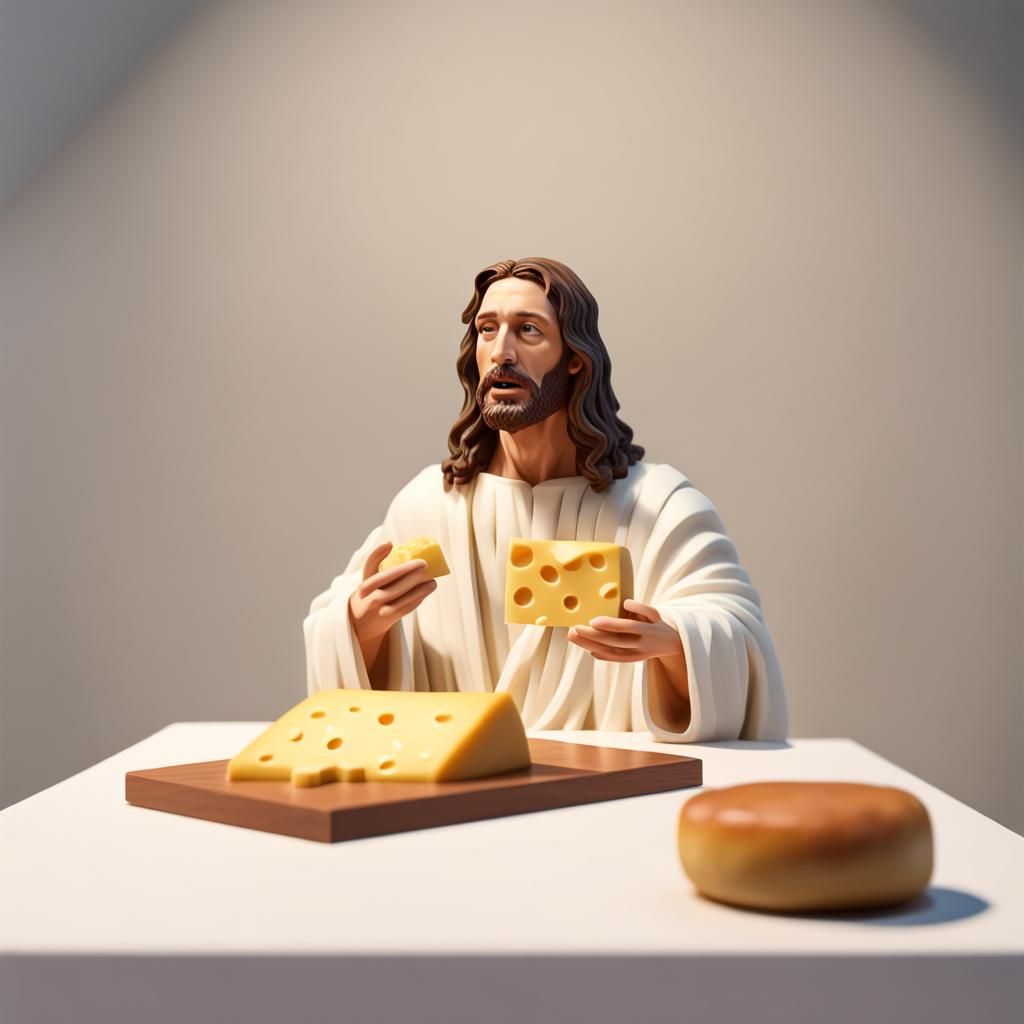 Miniature 3D Voxel Art: Jesus Christ Eating Cheese