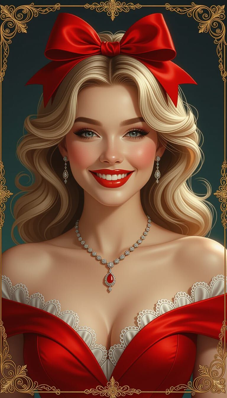 Smiling Woman with Red Bow in Dramatic Realism