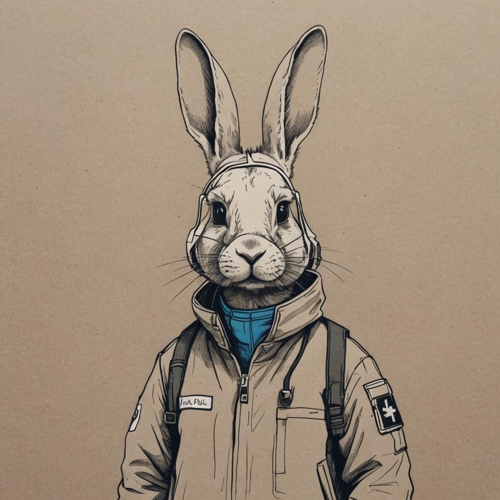 minimalist pen drawn sketch of a rabbit with face oxygen mask and a medic jacket